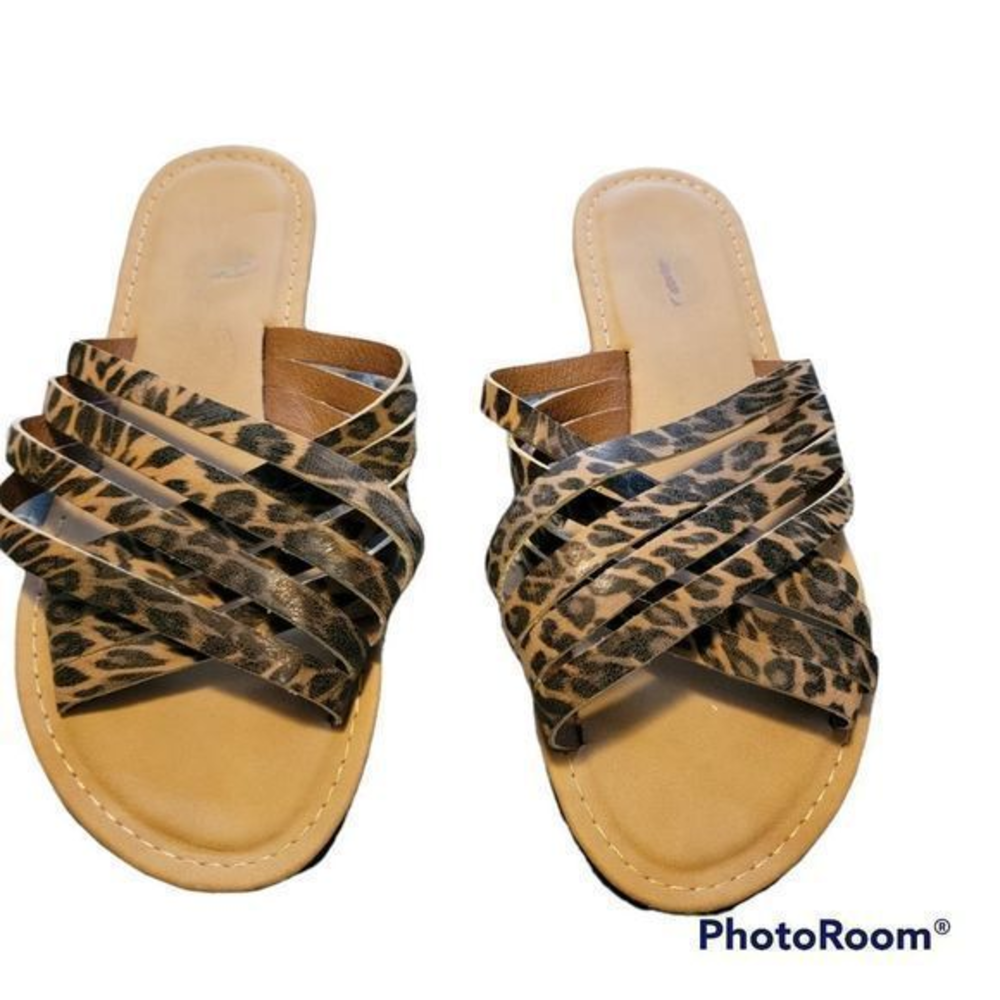 Seven7 women's sandals size 8 stretchy top leopard print‎ tan